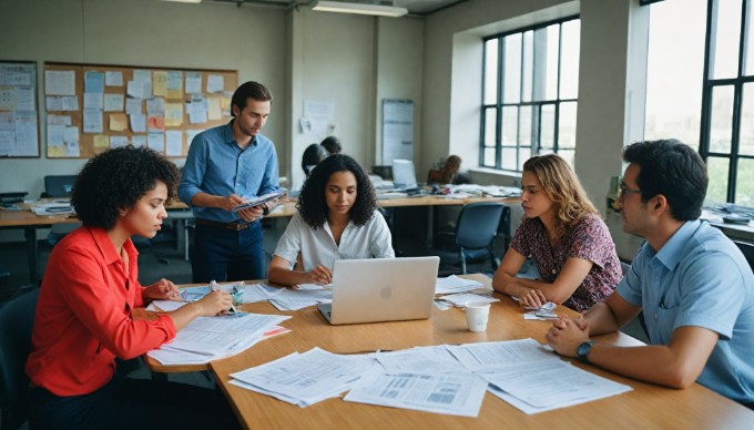 A team of office workers brainstorming around a table filled with documents and laptops, showcasing diversity in attire and appearance.