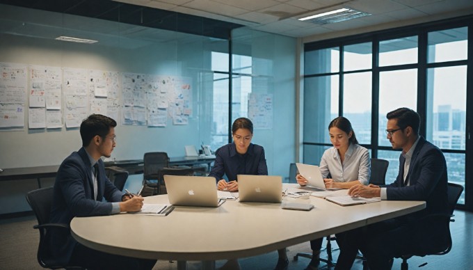 A diverse group of professionals collaborating on a web development project in an office setting.