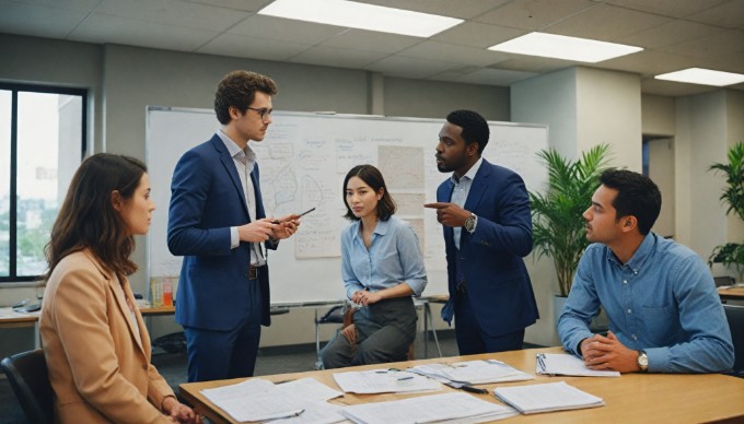 A professional woman presenting ideas on a whiteboard to her colleagues in a stylish office environment, showcasing teamwork and creativity.