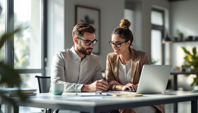 A professional setting with two colleagues discussing strategies over a laptop, showcasing teamwork in a modern office environment.