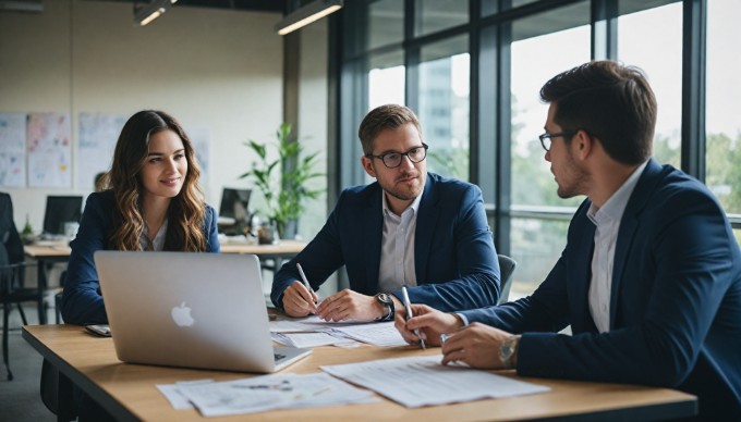 A professional setting with a diverse group of people collaborating over order management software on a laptop.