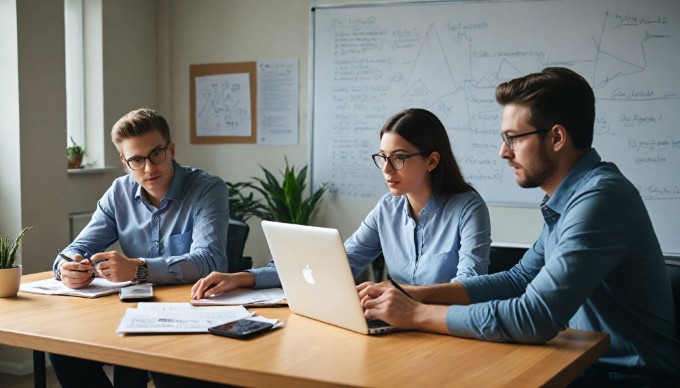 A professional workspace with a diverse group of individuals discussing e-commerce strategies over a laptop.