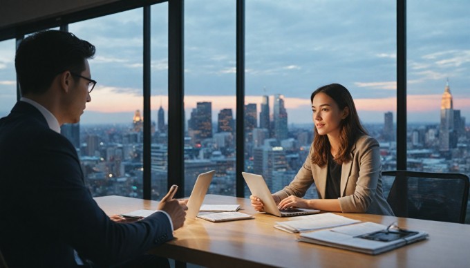 A professional setting with two people collaborating over a laptop, discussing eCommerce strategies.