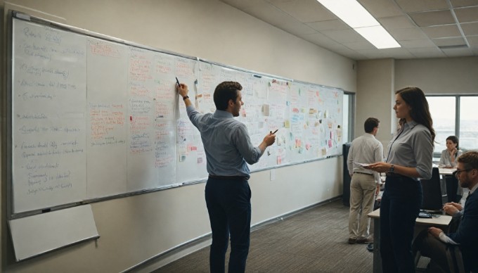 A project manager reviewing a timeline on a whiteboard while a team member takes notes in a bright office space.