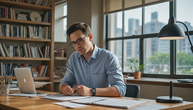 A project manager reviewing a risk assessment report in a workspace.