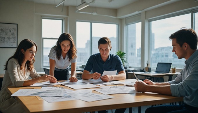 A team of diverse professionals collaborating on a rapid prototyping project at a modern office workspace.