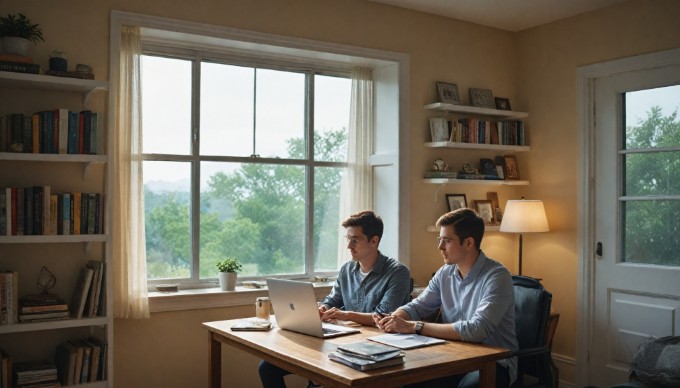 An individual working remotely on a cloud computing application, using a laptop in a cozy home office with modern decor.