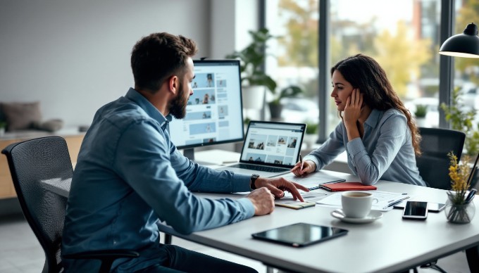 A professional setting showcasing two individuals collaborating on responsive design strategies at a modern office desk.