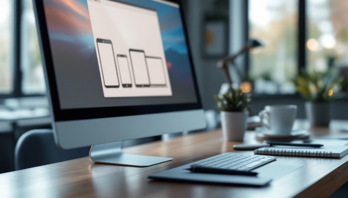 A close-up of a computer screen displaying a responsive design layout with various device mockups.