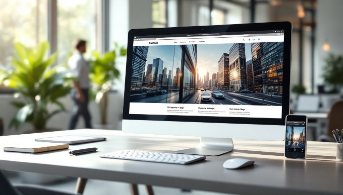 A mobile and desktop view of a responsive website displayed on screens in a professional workspace.