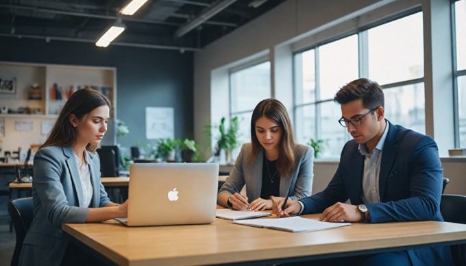 A professional setting with two people discussing over a laptop, showcasing a responsive Magento template on the screen.