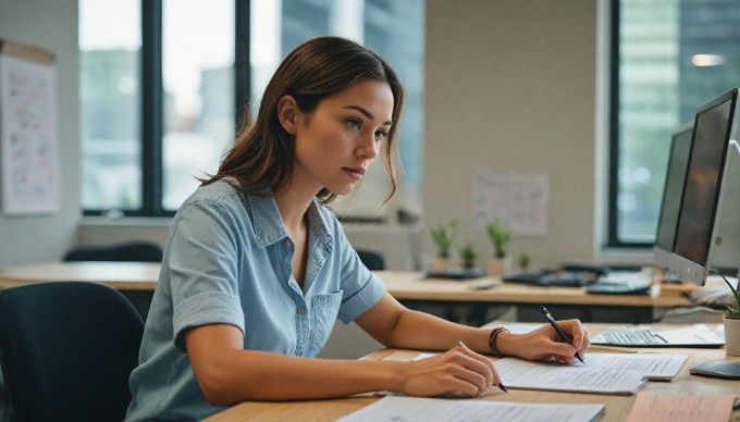 An individual reviewing Magento features on a computer in a bright office space.