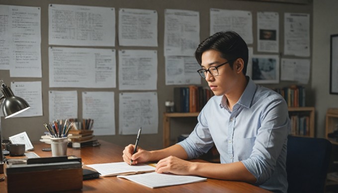 An individual reviewing a style guide document in a professional setting.