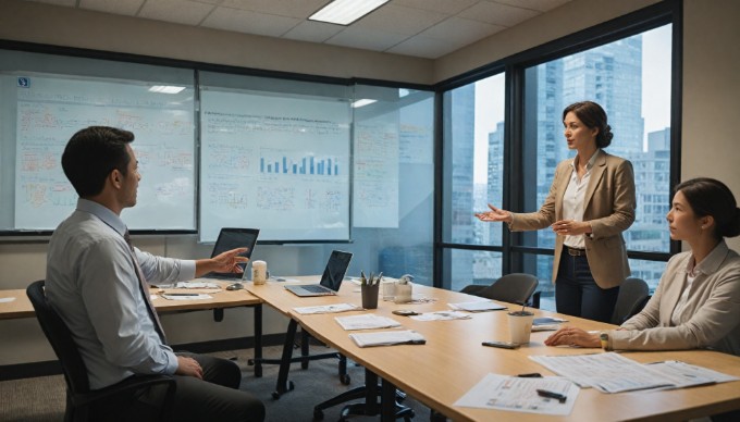 A project manager reviewing risk assessments with team members in a meeting room.