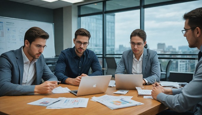 A diverse team collaborating on a risk management strategy in a modern office setting.