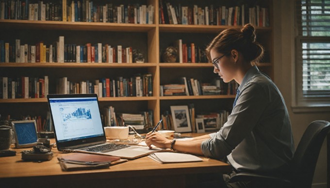 An individual analyzing SEM data on a laptop in a bright office, with charts and graphs displayed on the screen, highlighting the importance of paid advertising.