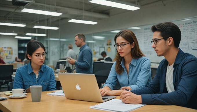 A professional workspace with two people collaborating on SEO strategies at a desk.