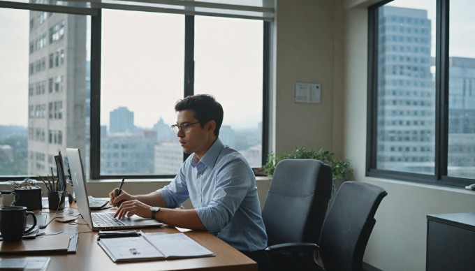 A person analyzing SEO data on a laptop in a modern office setting.