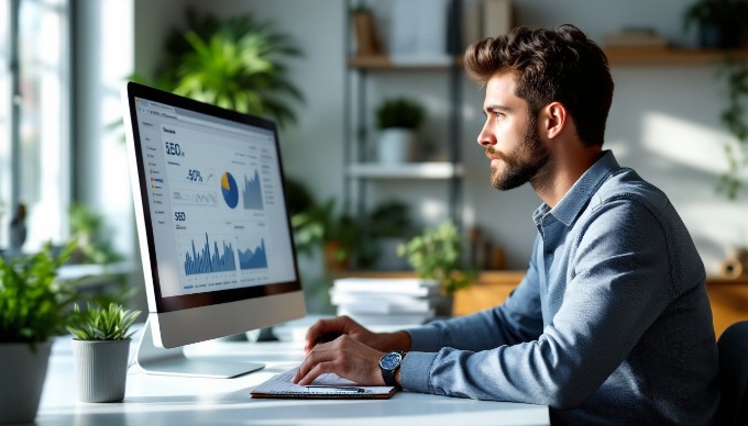 An individual analyzing SEO performance metrics on a computer screen in a bright, modern office.