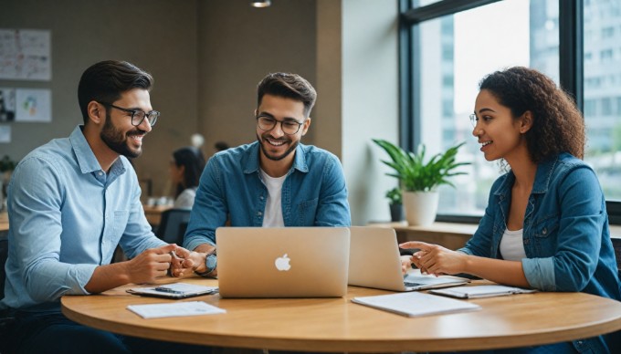 A professional setting where two diverse individuals are discussing SEO strategies at a desk with laptops, papers, and a coffee cup, showcasing a collaborative atmosphere.