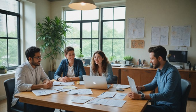 A group of marketers discussing SEO strategies in a collaborative workspace.