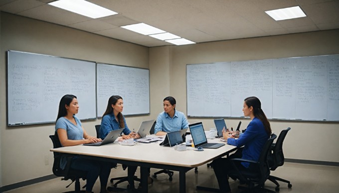 A group discussing SEO strategies in a collaborative workspace.