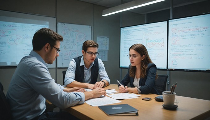 A team collaboratively discussing website optimization strategies in an office setting.