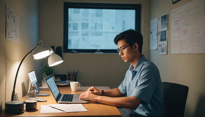 A professional workspace with a person analyzing website speed metrics on a laptop.