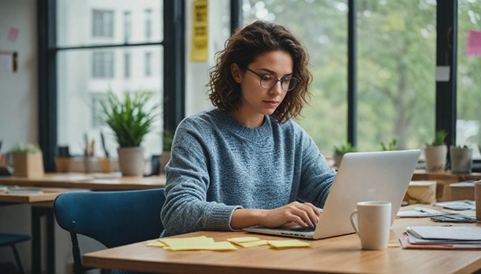 A person designing their Shopify store on a laptop, surrounded by notes and a coffee cup, in a bright office setting.