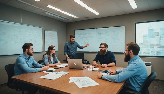 A collaborative team meeting discussing Shopify development strategies in an office.