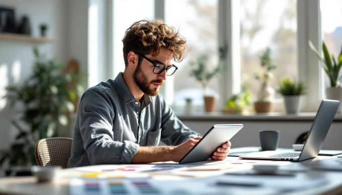 An individual sketching a website layout on a digital tablet in a creative workspace.