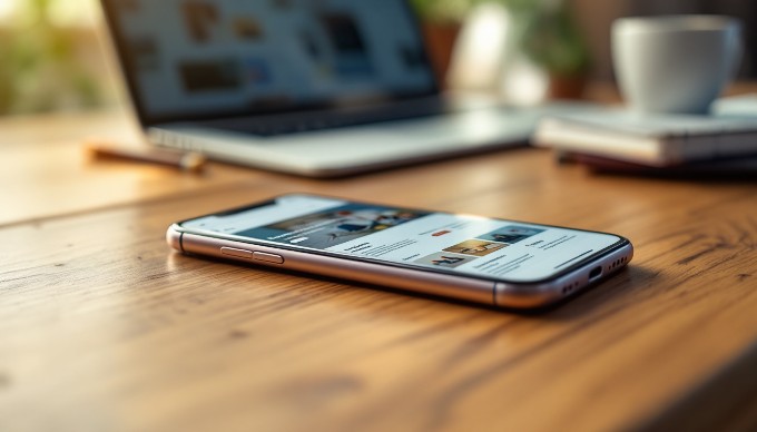 A close-up of a smartphone displaying a mobile-friendly website in a casual workspace, emphasizing user-friendly design features.