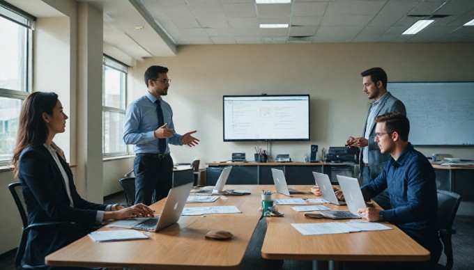 A team of diverse professionals discussing software deployment strategies around a conference table with laptops and documents.