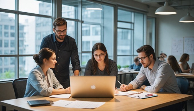 A team of software developers collaborating on continuous deployment strategies in a modern office setting.