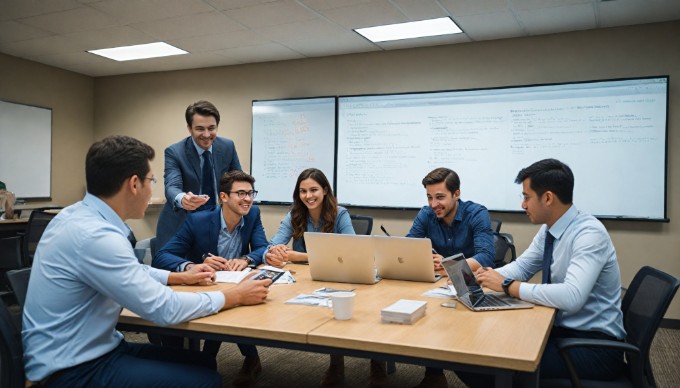 A software development team collaborating on a project using a digital task board in a bright office.