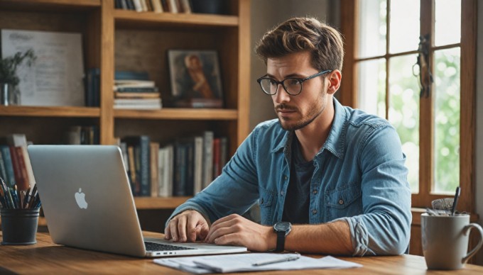 A software engineer coding on a laptop in a cozy workspace with a cup of coffee beside them.