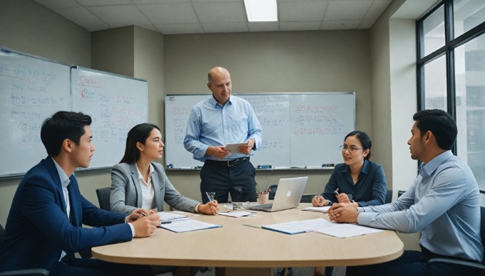 A project manager discussing software project plans with a diverse team in a modern office setting.