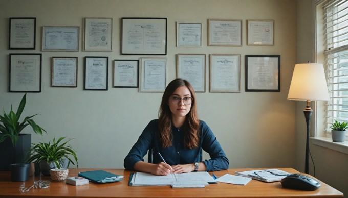 A software tester analyzing a GUI application on a computer screen in a modern office setting.