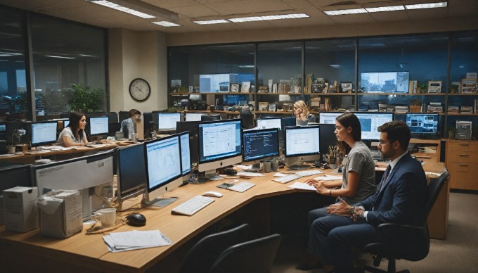 A professional setting showing a diverse team analyzing supply chain data on a computer.