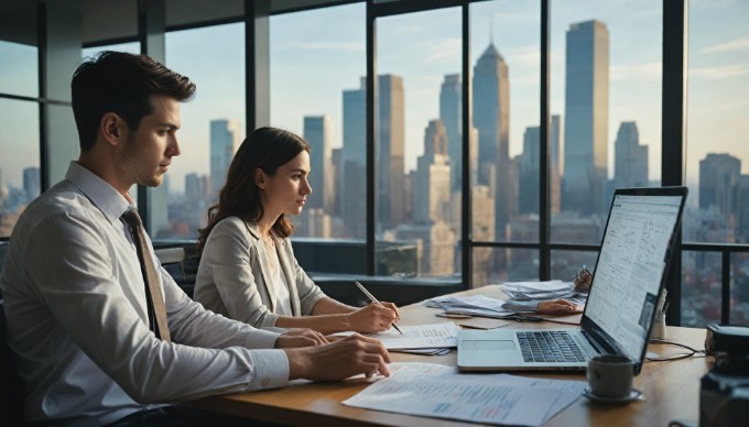 A professional setting showing two people collaborating on a computer, analyzing data for systems integration.