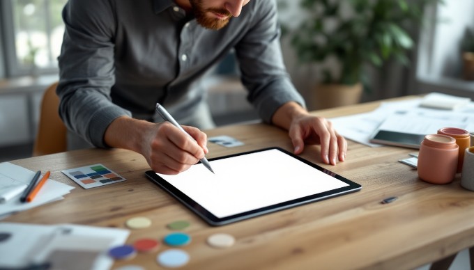 A high-fidelity mock-up displayed on a digital tablet in a creative workspace.