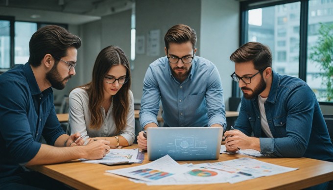 A business team analyzing app performance metrics on a tablet in a conference room.