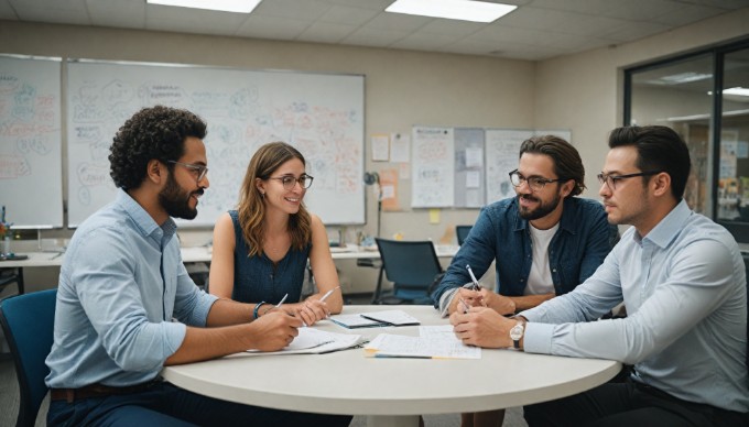 A team brainstorming ideas for an Android app in a collaborative workspace.