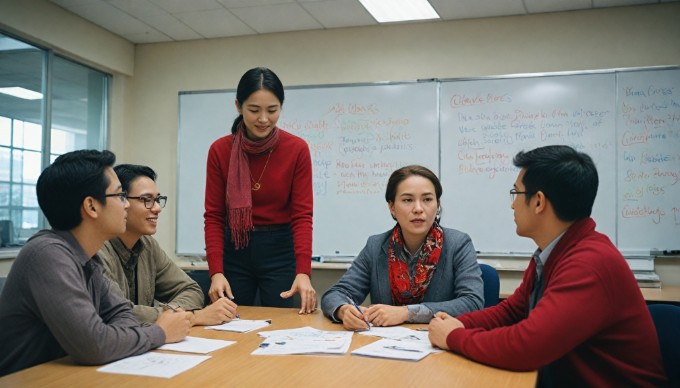 A team brainstorming in a casual office environment, showcasing diversity and vibrant fashion choices.