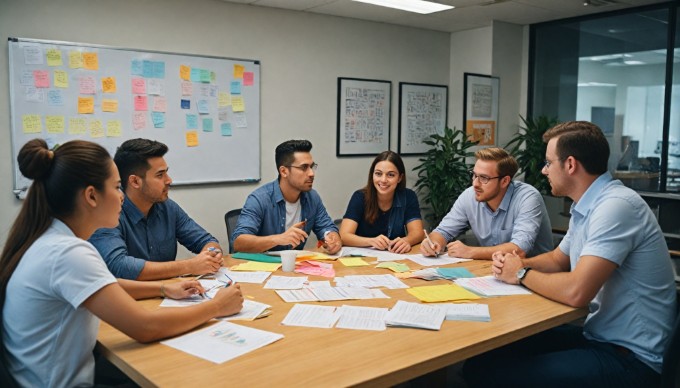 A team brainstorming in an office with a colorful and relaxed atmosphere, showcasing diversity and creativity.