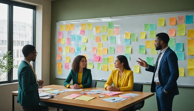 A team of multicultural employees brainstorming ideas in a stylish conference room, with colorful sticky notes on a whiteboard.