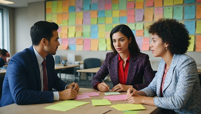 A multi-ethnic group of colleagues brainstorming in a contemporary office, showcasing teamwork and creativity.