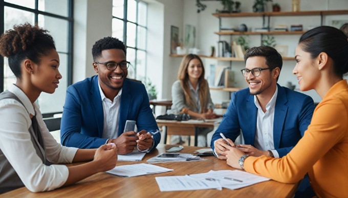 A team of business people brainstorming around a conference table filled with documents and laptops, with a bright and inviting office atmosphere. The group showcases diversity in gender and ethnicity, with a blend of formal and casual outfits.