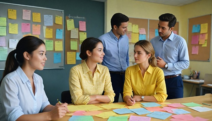 A team of diverse individuals brainstorming in a corporate office with colorful attire, showcasing teamwork and creativity.