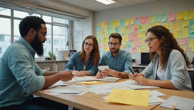 A diverse team of designers participating in a brainstorming session, surrounded by design tools and sticky notes.